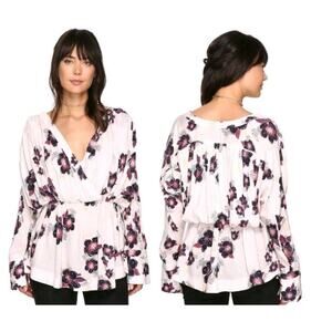 Free People Tuscan Dreams Tunic Floral Print White Long Sleeve Top Size M